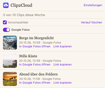 Das Popup: deine letzten Clips und der Stand der Woche.
